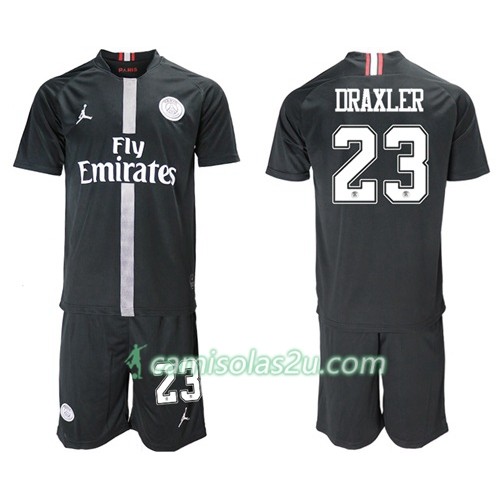 Camisolas de Futebol Paris Saint-Germain Draxler 23 Jodan Preto Criança Equipamento 3ª 2018/19 Manga Curta Camisolas de Futebol Paris Saint-Germain Draxler 23 Jodan Preto Criança Equipamento 3ª 2018/19 Manga Curta